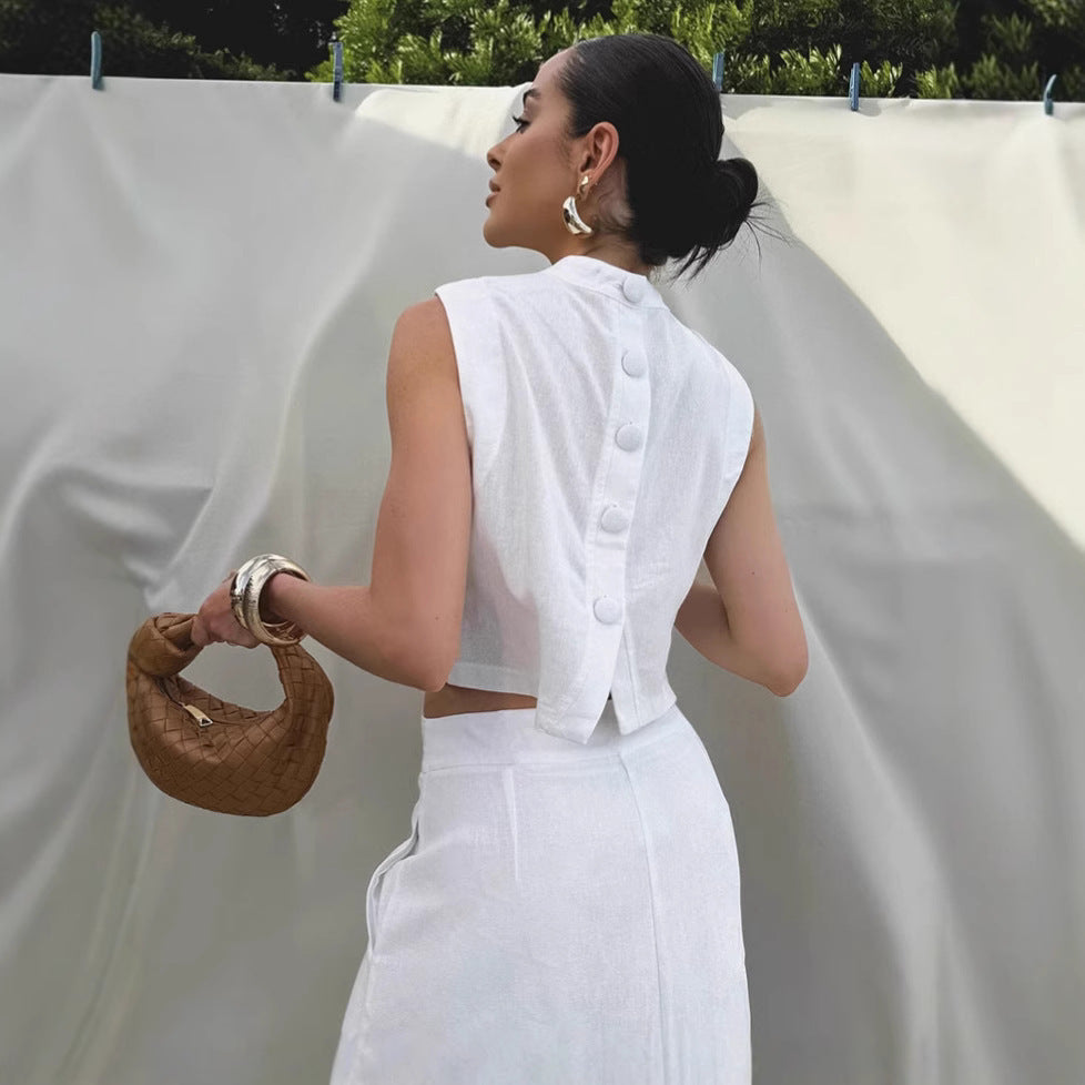 Mia | Set aus ärmellosem Top mit Stehkragen und langem Rock mit Schlitz