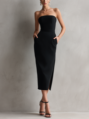 Trägerloses Bodycon-Midikleid in Schwarz – Schwarz