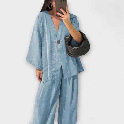 Jacqueline - Lässiges V-Ausschnitt Top und Hose Duo