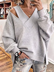 Aurelia - Soft-Touch-Sweatshirt mit V-Ausschnitt und Cut-out-Details – Hellgrau