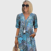 Midi-Kleid für Damen mit Blumenmuster – Ozeanblau