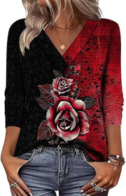 Arianwen - Bluse mit weichem Griff und V-Ausschnitt – Schwarz-Rot