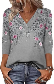 Arianwen - Bluse mit weichem Griff und V-Ausschnitt – Hellgrau-Rosa