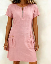 Mia | Damen kleid Kurzarm A-Linie mit Reißverschluss – Rosa