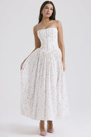 Damen Elegantes Gestuftes A-Linien Ärmelloses Blumenkleid – Sommerkleid – Weiß