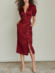 Satin-Midikleid in Burgunderrot mit Knopfleiste – Bordeaux