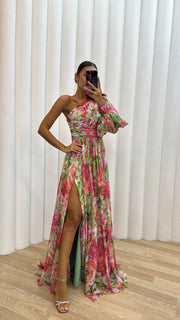 Damen Florales Schulterfreies Sommerkleid - Eleganter Fließender Event Kleid – Rosa