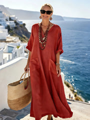 Serenelle - Maxikleid mit V-Ausschnitt und Soft-Touch-Print – Rot