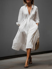 Weißes Leinen-Midikleid mit Hemdkragen und Stretchtaille – Weiß