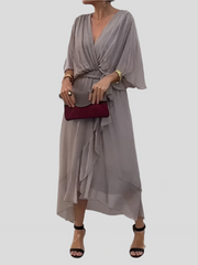 Damen Kleid Mit V Ausschnitt Und Wickelstil – Grau