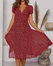 Mia | Damen Midi Kleid V-Ausschnitt Kurzarm A-Linie Sommerkleid – Weinrot