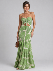Azaria | Schulterfreies zweiteiliges Maxikleid-Set mit Print – Grün