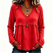 Ariselle - Bluse mit Fransenbesatz und V-Ausschnitt – Rot