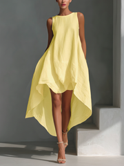 Ärmelloses Leinen-Midikleid mit asymmetrischem Saum – Warmgelb