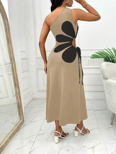 Maggie - modisches rotes damenkleid mit einer schulter und rosa blumendruck, ärmellos