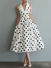 Elegantes Polka-Dot-Midikleid ohne Ärmel – Schwarz-Weiß