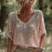 Henrietta - Vintage-Bluse mit Häkel-Details – Rosa