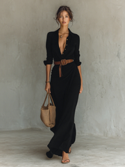 Calantha - Soft-Touch Maxi-Hemdblusenkleid mit Gürtel – Schwarz