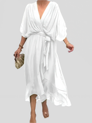 Damen Kleid Mit V Ausschnitt Und Wickelstil – Weiß
