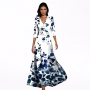 Damen V-Ausschnitt Langarm Blumen Maxi Kleid - Wickel Eleganter Stil – Weiß/blau