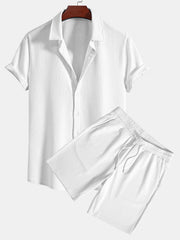 Muscle Fit geripptes Hemd mit Knopfleiste & Shorts – Weiß