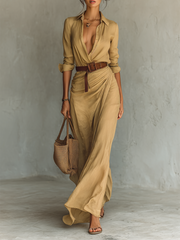 Calantha - Soft-Touch Maxi-Hemdblusenkleid mit Gürtel – Khaki