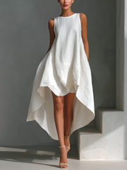Ärmelloses Leinen-Midikleid mit asymmetrischem Saum – Weiß