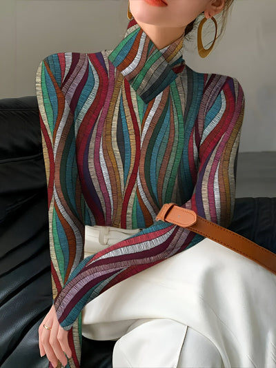 Genna | Schickes Farbiger Streifen Rollkragen-T-Shirt