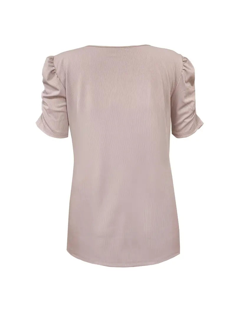 Rosemarie - Einfarbiges Geripptes Damen T-Shirt V-Ausschnitt Frühling