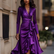 Satin-Maxikleid für Damen | Drapierte Rüschen, lange Ärmel – Lila