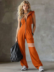 Damen Ärmelloser Langer Jumpsuit - Hoodie Gestreiftes Casual Outfit – Orange