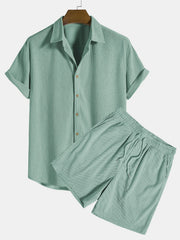 Kurzärmeliges Corduroy Hemd mit Knöpfen & Shorts – Grün