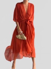 Damen Kleid Mit V Ausschnitt Und Wickelstil – Orange