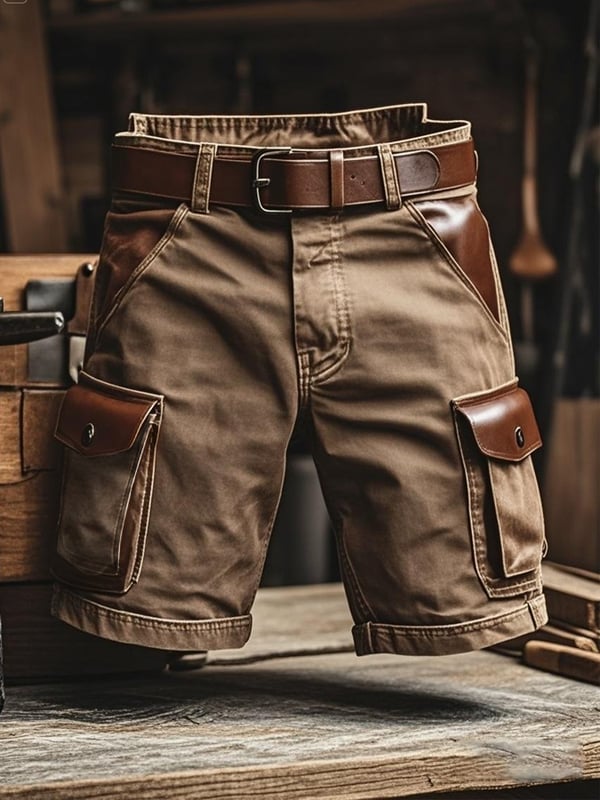 Herren Vintage Outdoor-Taschen aus Wildleder mit Patchwork-Design und funktionalen Arbeitsshorts