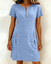 Mia | Damen kleid Kurzarm A-Linie mit Reißverschluss – Blau