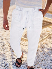 Herren Weit Geschnittene Leinenhose – Freizeit Sommerhose Mit Kordelzug – Weiß