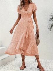 Hannah | V-Ausschnitt Wickel Kleid Rüschen – Orange-Rosa