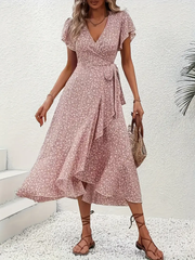 Hannah | V-Ausschnitt Wickel Kleid Rüschen – Rosa