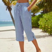 Roselina - Gestreifte Caprihose mit Kordelzug – Dunkelblau