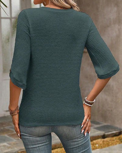 Einfarbiges Top mit Waffelmuster und Rundhalsausschnitt