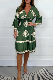 Damen Sommerkleid Im Boho Stil Mit Langarm – Armeegrün