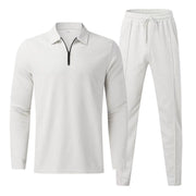 Luca | Herren Strick Set 2-teilig Polo Zip Pullover Jogger Hose – Weiß