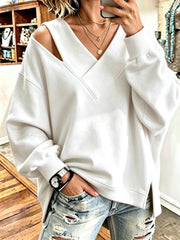 Aurelia - Soft-Touch-Sweatshirt mit V-Ausschnitt und Cut-out-Details – Weiß