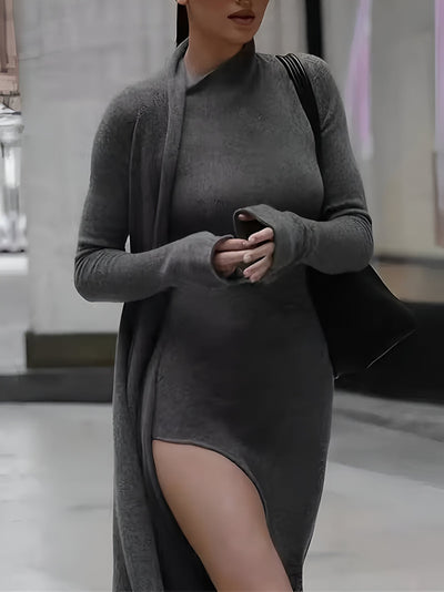 Liliana | Elegantes Dunkelgraues Bodycon-Kleid mit Asymmetrischem Saum