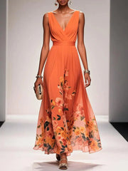 Rose | Hellblaues Blumenmuster-Chiffon-V-Ausschnitt-Maxikleid – Orange