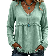 Ariselle - Bluse mit Fransenbesatz und V-Ausschnitt – Grün