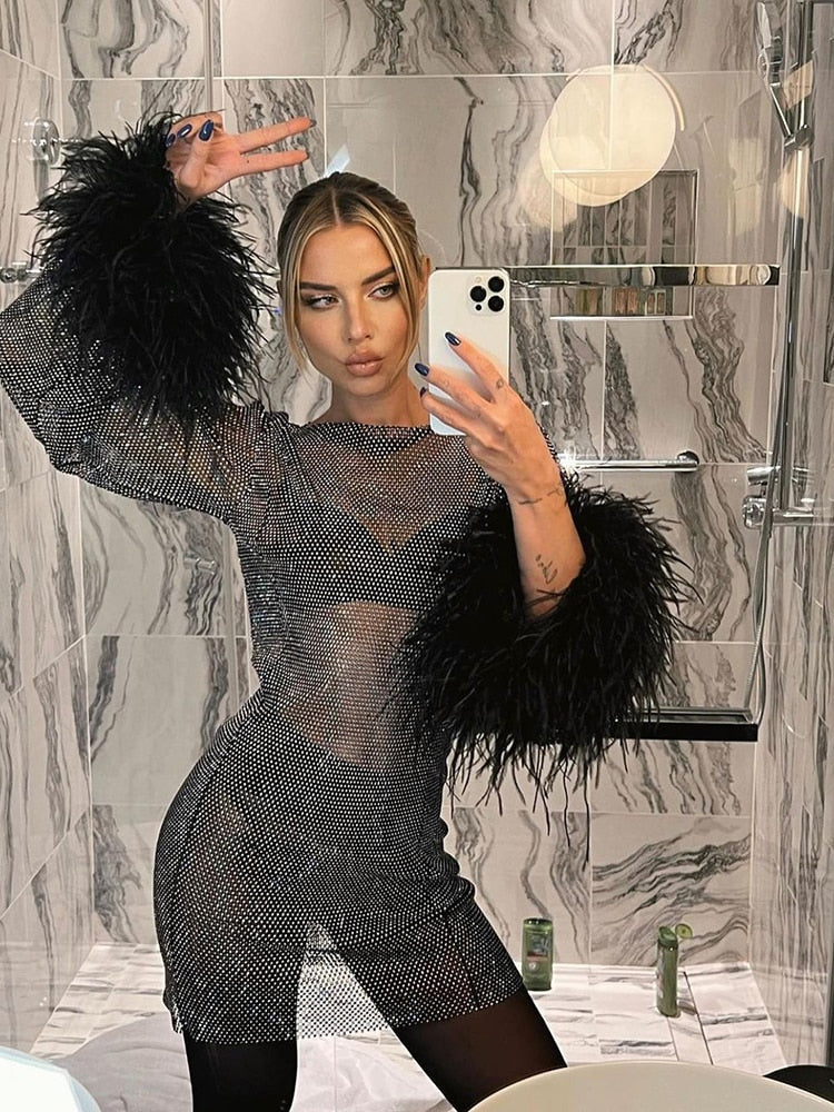 Carmen - Durchsichtiges Partykleid mit Federn