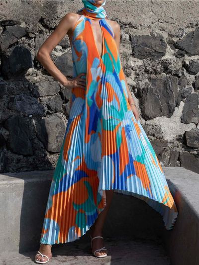 Rica - Rückenfreies Ausgestelltes Kleid Geometrischer Druck Schick