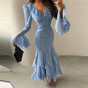 Abendkleid Damen Maxi Elegant mit Volants – Blau
