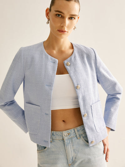 Bouclé-Jacke mit Rundhalsausschnitt | Strukturstoff | Goldknöpfe